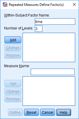 'Repeated Measures Define Factor(s)' dialogue box. Two-way mixed ANOVA in SPSS. 'time' & '3' entered into boxes at the top