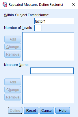 'Repeated Measures Define Factor(s)' dialogue box. Two-way mixed ANOVA in SPSS. 'Within-Subject Factor Name' box at the top