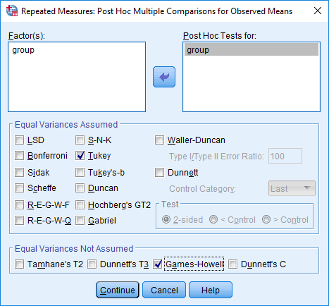 'Repeated Measures: Post Hoc Multiple Comparisons for Observed Means' dialogue box. Mixed ANOVA SPSS. 'Group' transferred
