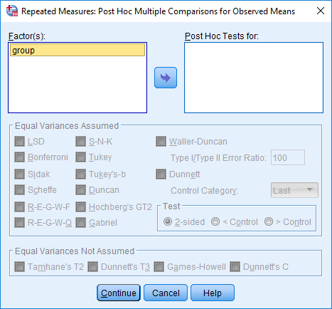 'Repeated Measures: Post Hoc Multiple Comparisons for Observed Means' dialogue box. Two-way mixed ANOVA in SPSS Statistics