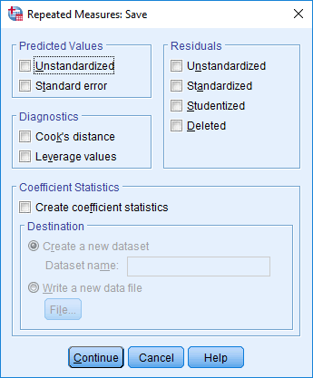 'Repeated Measures: Save' dialogue box for the two-way mixed ANOVA in SPSS Statistics. No options selected by default