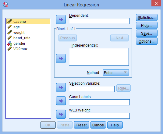 'Linear Regression' dialogue box for a multiple regression analysis in SPSS Statistics. All variables on the left