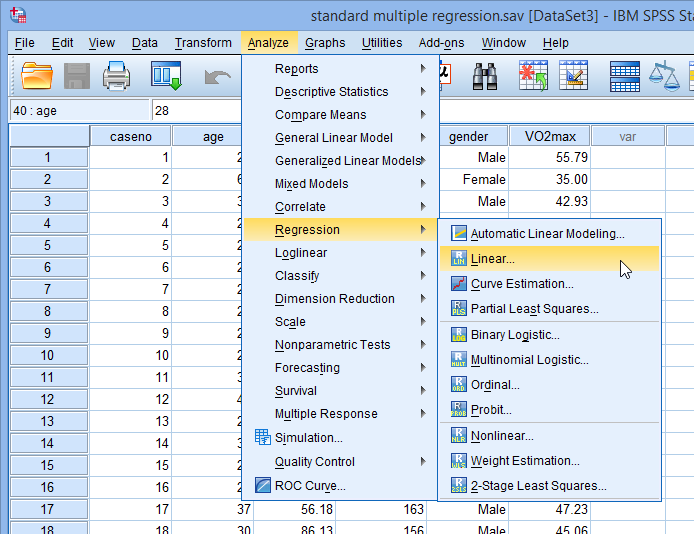 Menu for a multiple regression analysis in SPSS Statistics