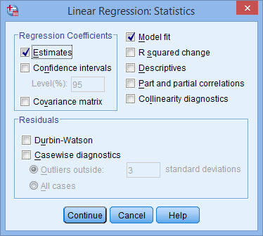 'Linear Regression: Statistics' dialogue box for a multiple regression analysis in SPSS Statistics. Shows default options