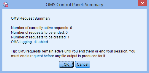 'OMS Control Panel: Summary' dialogue box in SPSS for ordinal regression. Highlights new request has been made
