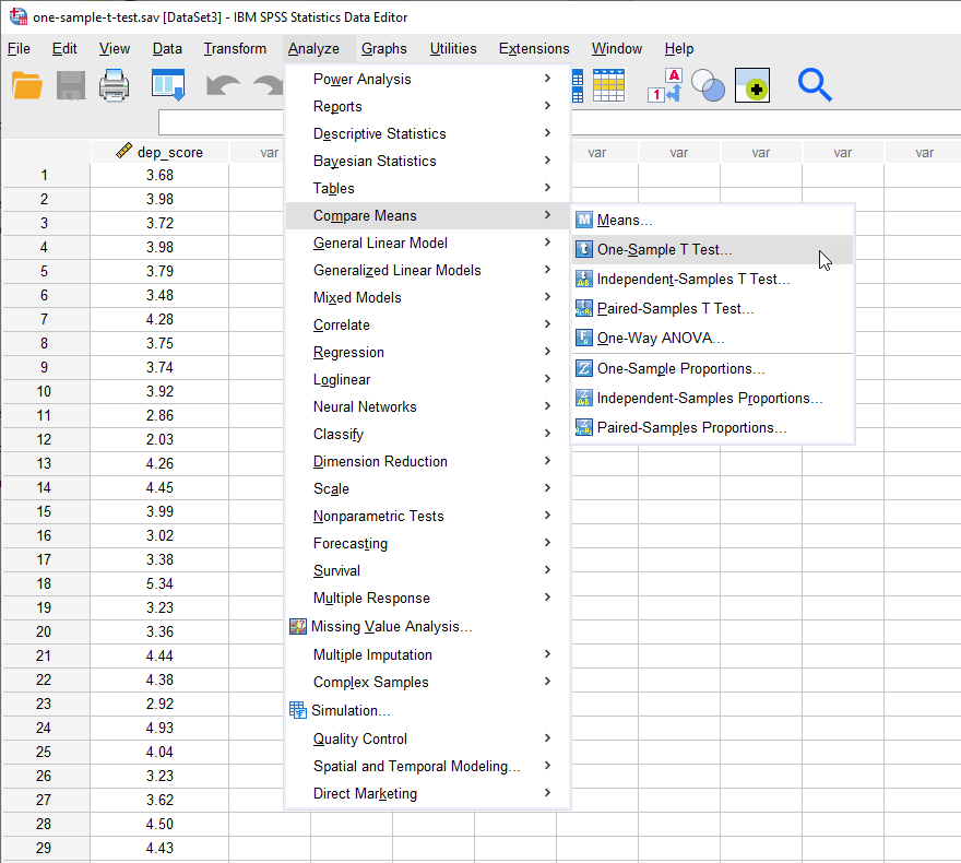 Shows the SPSS Statistics menu for the one-sample t-test