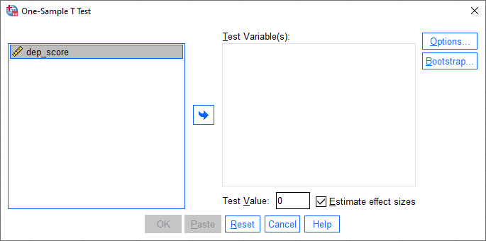 'One-Sample T Test' dialogue box with the dependent variable, 'dep_score', in the box on the left