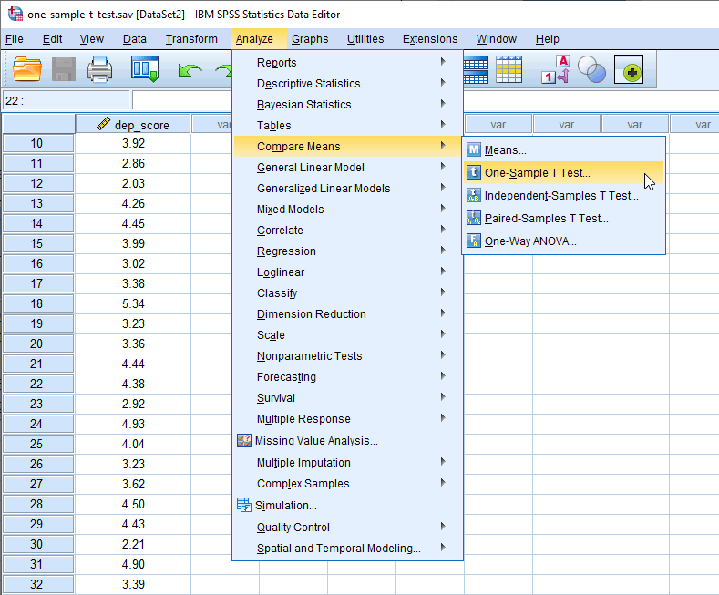 Shows the SPSS Statistics menu for the one-sample t-test