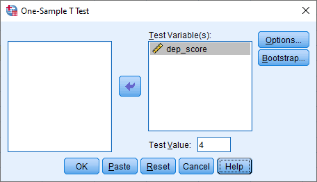 Dependent variable, 'dep_score', transferred into the 'Test Variable(s)' box on the right. '4' entered into 'Test Value' box
