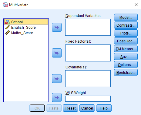 'Multivariate' dialogue box for the one-way MANOVA in SPSS. Variables 'School', 'English_Score' & 'Maths_Score' on the left