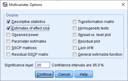 'Multivariate: Options' dialogue box for the one-way MANOVA in SPSS. 'School' transferred & options selected
