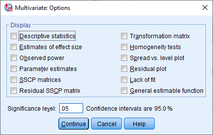 'Multivariate: Options' dialogue box for the one-way MANOVA in SPSS. 'School' in 'Factor(s) and Factor Interactions' box