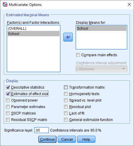 'Multivariate: Options' dialogue box for the one-way MANOVA in SPSS. 'School' transferred & options selected