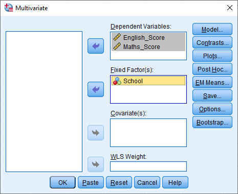 'Multivariate' dialogue box for the one-way MANOVA in SPSS. 'School', 'English_Score' & 'Maths_Score' transferred