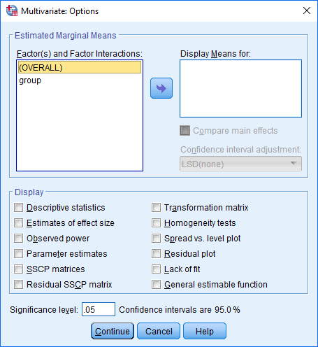 'Multivariate: Options' dialogue box for the one-way MANCOVA in SPSS. 'group' in 'Factor(s) and Factor Interactions' box