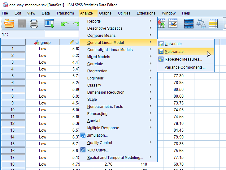 Menu for the one-way MANCOVA in SPSS Statistics