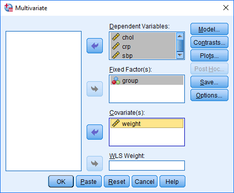'Multivariate' dialogue box for the one-way MANCOVA in SPSS Statistics. Variables transferred into the boxes on the right