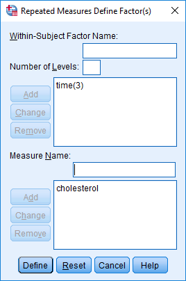 One-way repeated measures MANOVA Repeated Measures Define Factor(s) dialogue box with the name of one of the dependent variables added
