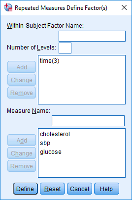 One-way repeated measures MANOVA Repeated Measures Define Factor(s) dialogue box with the name of all the dependent variables added