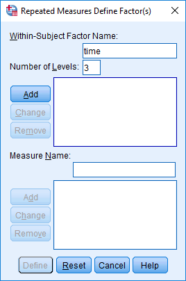 One-way repeated measures MANOVA Repeated Measures Define Factor(s) dialogue box with the name of the independent variable and the number of related groups for that independent variable entered