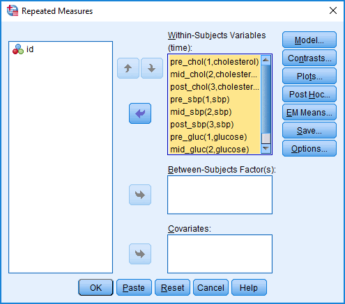one-way repeated measures MANOVA Repeated Measures dialogue box with variables transferred