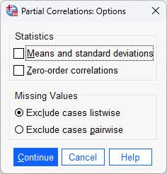 'Partial Correlations: Options' dialogue box for a partial correlation in SPSS. 'Exclude cases listwise' selected by default