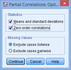 'Partial Correlations: Options' dialogue box in SPSS. 'Mean and standard deviations' & 'Zero-order correlations' selected