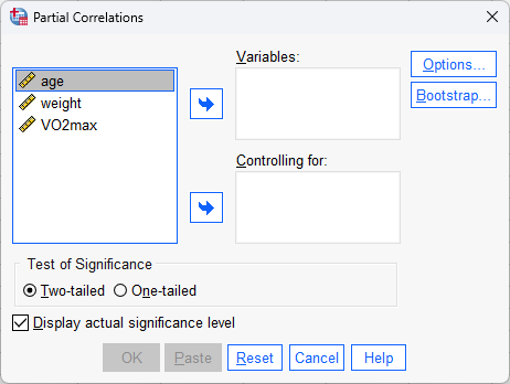 'Partial Correlations' dialogue box for a partial correlation in SPSS Statistics. Variables 'age', 'weight' & 'VO2max' on the left
