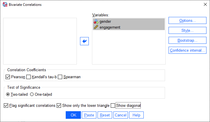 'Bivariate Correlations' dialogue box for a point-biserial correlation. 'Only lower triangle' selected in 'Correlation Coefficients' area