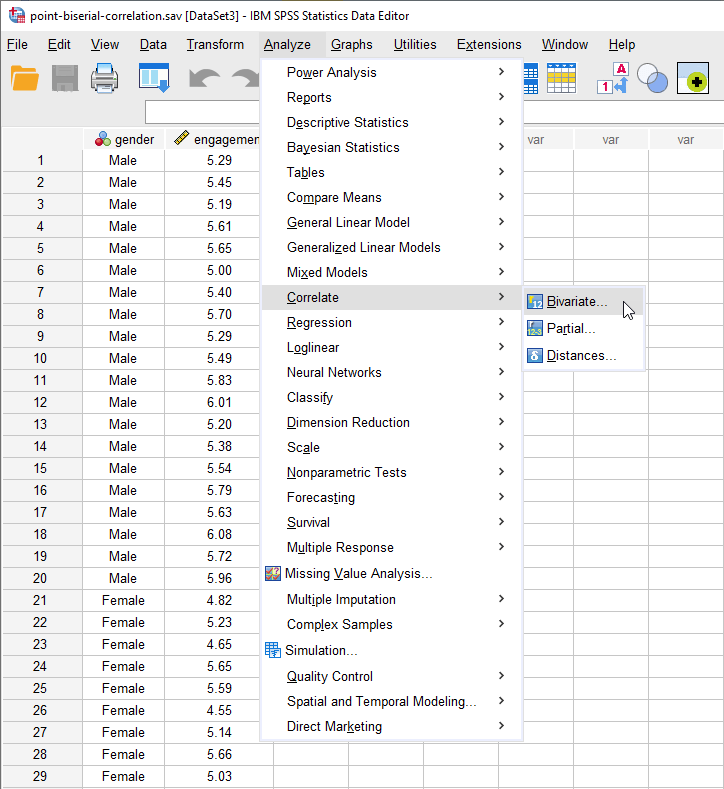 Menu for a point-biserial correlation in SPSS Statistics