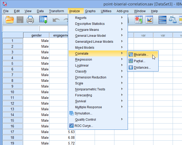 Menu for a point-biserial correlation in SPSS Statistics