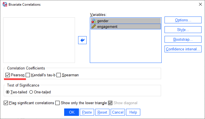 'Bivariate Correlations' dialogue box for a point-biserial correlation. 'Pearson' selected in 'Correlation Coefficients' area