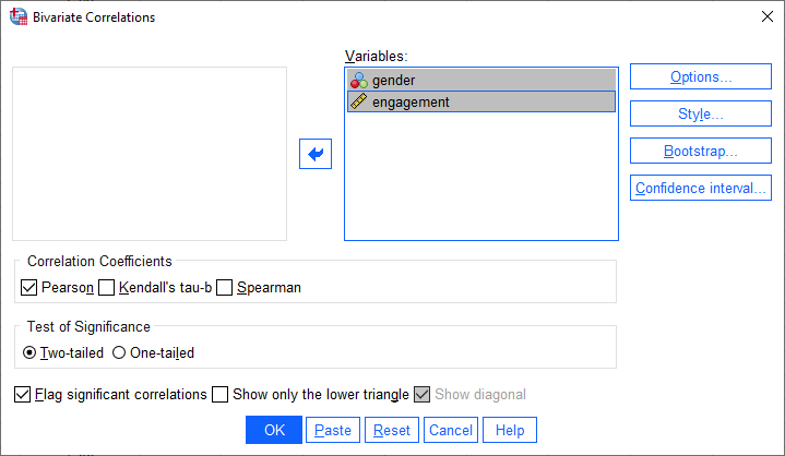 'Bivariate Correlations' dialogue box for a point-biserial correlation in SPSS. Variables 'gender' & 'engagement' transferred