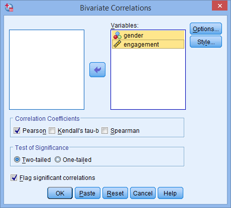 'Bivariate Correlations' dialogue box for a point-biserial correlation in SPSS. Variables 'gender' & 'engagement' transferred