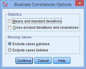 'Bivariate Correlations: Options' dialogue box to generate descriptive statistics for a point-biserial correlation in SPSS Statistics