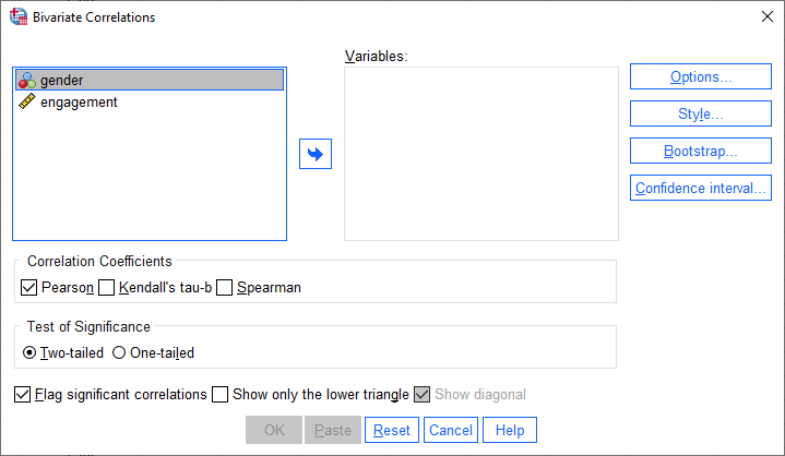 'Bivariate Correlations' dialogue box for a point-biserial correlation in SPSS. Variables 'gender' & 'engagement' on the left