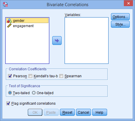 'Bivariate Correlations' dialogue box for a point-biserial correlation in SPSS. Variables 'gender' & 'engagement' on the left