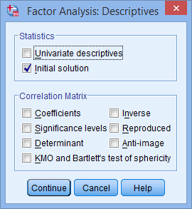 'Factor Analysis: Descriptives' dialogue box for a principal components analysis (PCA) in SPSS