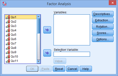 'Factor Analysis' dialogue box for a principal components analysis (PCA) in SPSS. Variables on the left