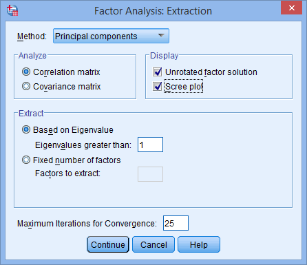 'Factor Analysis: Extraction' dialogue box for a principal components analysis (PCA) in SPSS. 'Scree plot' selected