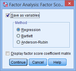 'Factor Analysis: Factor Scores' dialogue box for a principal components analysis (PCA) in SPSS. Options selected
