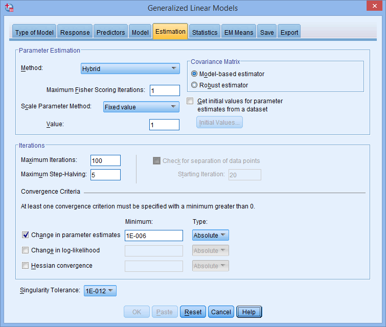'Generalized Linear Models' dialogue box for a Poisson regression in SPSS. 'Estimation' tab active. Shows default options