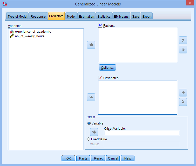 'Generalized Linear Models' dialogue box for a Poisson regression in SPSS. 'Predictors' tab active. Variables on the left