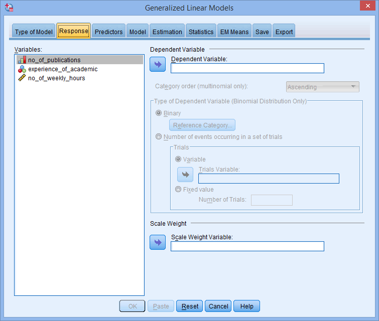 'Generalized Linear Models' dialogue box for a Poisson regression in SPSS. 'Response' tab active. Variables on the left