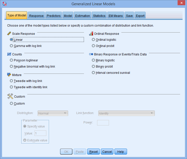 'Generalized Linear Models' dialogue box SPSS. 'Type of Model' tab active. 'Linear' under 'Scale Response' selected by default
