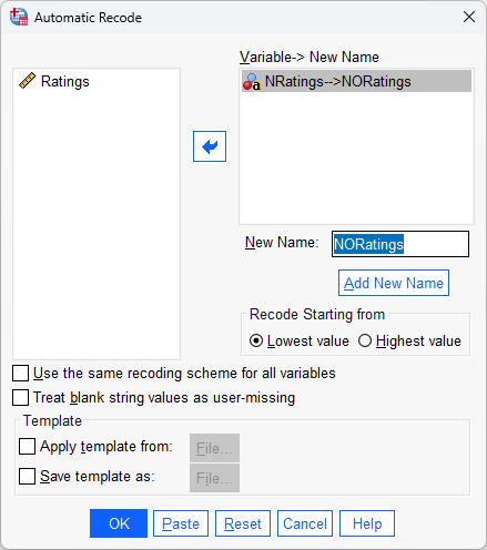 new variable, 'NORatings', named in 'automatic recode' dialogue box