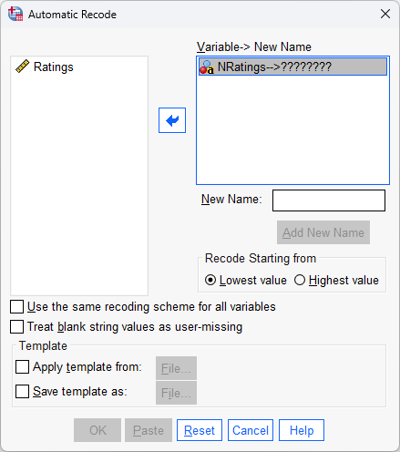 'nratings' transferred in 'automatic recode' dialogue box