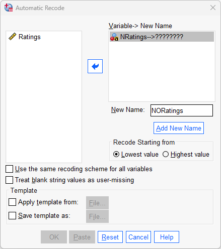 new name 'NORatings' entered for 'nratings' in 'automatic recode' dialogue box