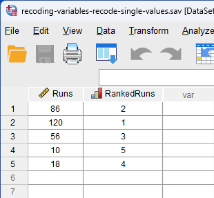 data view with new recoded variable 'RankedRuns' having been changed to 'ordinal
