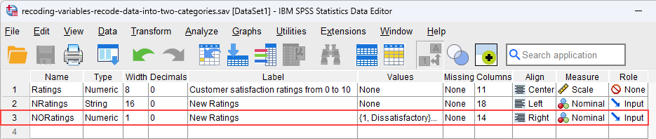 variable view with new 'nominal' recoded variable 'NORatings' highlighted